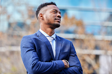 Image showing Thinking, arms crossed and business man in city for corporate, vision and professional. Urban, pride and mission with African male employee in Nigeria town for natural, confident and mindset