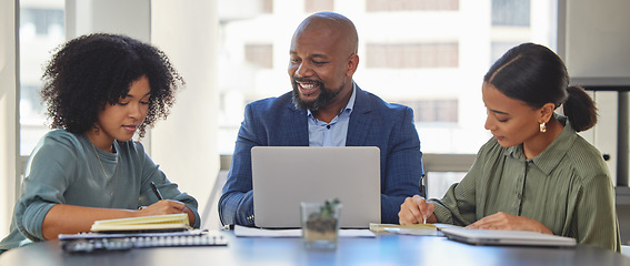 Image showing Business people in meeting, collaboration with laptop and notebook for notes, ideas and project strategy in workplace. Diversity, corporate team and productivity with man and women planning agenda