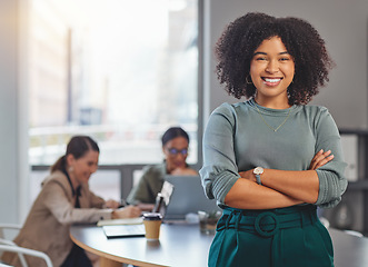 Image showing Happy, arms crossed and portrait of business woman in meeting for planning, smile and professional. Happiness, career and workshop with female employee in office for creative, confident and startup