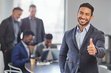 Image showing Thumbs up, portrait and asian business man in office with winning, yes and thank you sign in meeting. Hands, vote and face of asian team manager with emoji for success, positive feedback or review