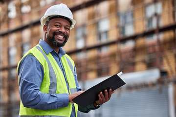 Image showing Portrait, tablet and a black man construction on a building site for planning, architecture or development. Smile, technology and research with a happy mature male architect working in the city