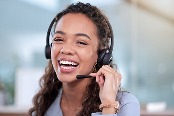 Image showing Portrait, customer service and a woman consulting in an office for telemarketing or sales assistance. Call center, smile or contact with a happy young consultant working in support using a headset