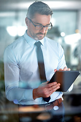 Image showing Typing email, corporate and a businessman with a tablet for communication, connection and internet. Digital, working and a mature employee reading information, agenda or schedule on technology