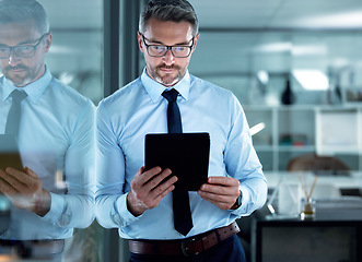 Image showing Reading email, corporate and a businessman with a tablet for communication, app or legal research. Digital, internet and a mature lawyer with technology for connection, online work or report