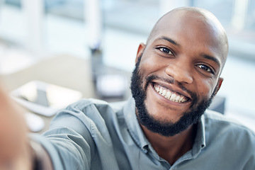Image showing Happy selfie and business with black man in office for social media, network or professional. Smile, happiness and pride with portrait of male employee and picture for entrepreneur, creative or pride