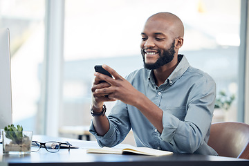 Image showing Black man in office, check social media on smartphone and smile at meme, lunch break and communication. Male employee at workplace, using phone and technology, mobile app and contact with chat
