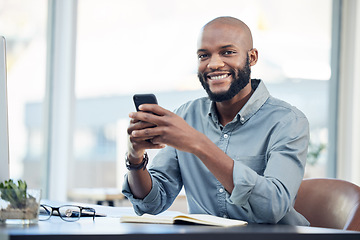 Image showing Black man in office, portrait and social media on smartphone with smile, lunch break and communication. Male employee at workplace, using phone and technology, mobile app and contact with chat