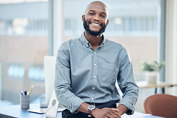 Image showing Confidence, success and portrait of a businessman in the office with leadership and vision. Happy, smile and professional African male hr manager sitting with a positive mindset in the workplace.