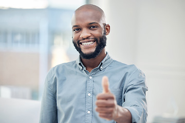 Image showing Black man, business and thumbs up with success and portrait, smile with agreement and hand gesture. Mockup space, emoji and support with feedback, like and yes, male professional and positive vote
