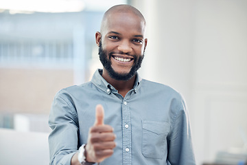 Image showing Professional black man, thumbs up with success and portrait, smile with agreement and hand gesture. Mockup space, emoji and support with feedback, like and yes, male person in business and vote