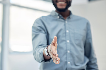 Image showing Man, handshake and partnership with agreement and welcome, trust in collaboration with onboarding. Hand gesture, thank you or congratulations with hiring, male person and deal with introduction