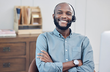 Image showing Happy black man, call center and arms crossed in portrait, pride and customer service job at office. African male consultant, headset and smile at telemarketing agency, contact us and tech support