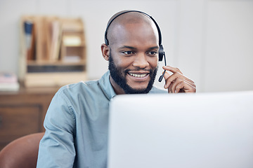 Image showing Black man, call center and microphone with smile, listening computer in customer service job at office. African male consultant, headset and happy at telemarketing agency, contact us and tech support