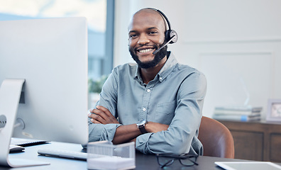 Image showing Call center, headset and a black man at computer for customer service, crm or telemarketing. Smile portrait of African person, consultant or agent for sales, contact us and help desk for support
