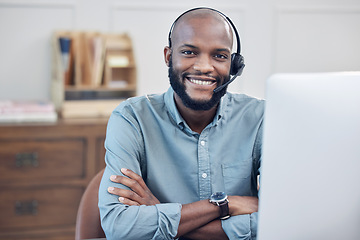 Image showing Black man, call center and arms crossed in portrait, smile or computer in customer service job at office. African male consultant, headset or happy at telemarketing agency, contact us or tech support