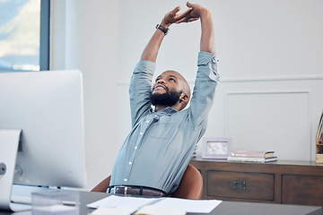 Image showing Relax, business and black man stretching, employee and professional with computer, success and growth. Male person, consultant and agent in an office, stretch and hands behind head with finished task