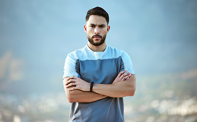 Image showing Fitness, man and outdoor for a serious run or workout with arms crossed. Portrait of a male athlete person with focus and concentration for cardio training, running or health and wellness goals