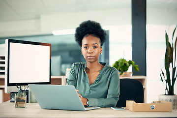 Image showing Portrait, serious and black woman with laptop, writer and creative in office workplace. Computer, face and female entrepreneur, copywriter and professional from South Africa with business mockup.