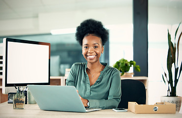 Image showing Portrait, smile and black woman with laptop, writer and creative in office. Computer, face and happy African female entrepreneur, copywriter or professional from South Africa with business mockup.