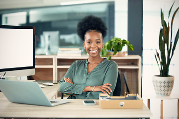 Image showing Confidence, crossed arms and portrait of a professional woman in her office with confidence and leadership. Corporate, happy and African female business ceo with vision, ideas and goals in workplace.