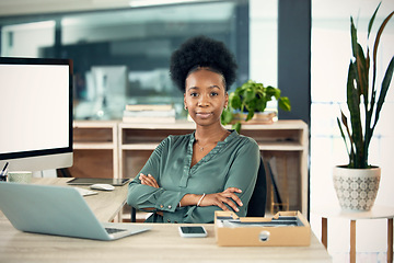 Image showing Portrait, black woman and accountant with arms crossed, laptop and confident in office. Computer, face and female entrepreneur, auditor and professional from South Africa with business mockup space.