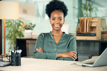 Image showing Success, crossed arms and portrait of a female leader in her office with confidence and leadership. Corporate, professional and African woman executive ceo with vision, ideas and goals in workplace.