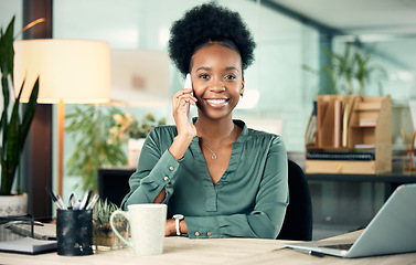 Image showing Black woman, phone call and business portrait, smile and conversation with contact. Smartphone, face and African female professional talking, listening or communication in office workplace at night.