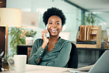 Image showing Phone call, black woman and business portrait, smile and conversation with contact. Smartphone, face and African female professional talking, discussion or communication in office workplace at night.