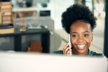 Image showing Phone call, black woman and business, accountant and conversation with contact on computer. Smartphone, happy and African female professional or auditor talking, listening or communication in office.