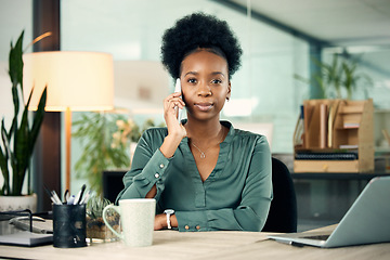 Image showing Phone call, black woman and business portrait, serious or conversation with contact. Smartphone, face and African female professional talking, listening or communication in office workplace at night.