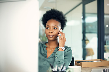 Image showing Phone call, black woman and business accountant on computer in conversation with contact. Smartphone, serious and African female professional or auditor talking, listening or communication in office.