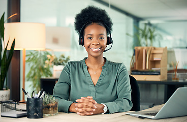 Image showing Black woman, portrait and smile in call center for business, customer service or telemarketing in office. Contact us, face and African female sales agent, support consultant or professional at night.