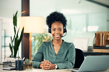 Image showing Portrait, black woman and smile in call center for telemarketing, customer service or business in office. Contact us, face and African female sales agent, support consultant or professional at night.