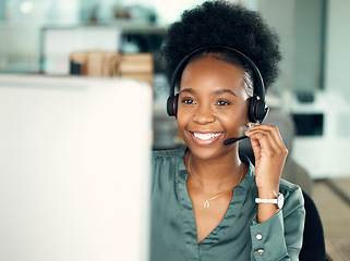 Image showing Call center, smile of black woman and computer for telemarketing, customer service or business in office. Contact us, crm and happy African female sales agent, support consultant or professional.