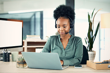 Image showing Business, call center and black woman with a laptop, telemarketing and typing with connection. Female person, agent or consultant with a pc, technology or agency for customer service or tech support