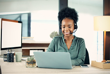 Image showing Business, call center and black woman with a laptop, customer service and help with headphones. Female person, agent or employee with a pc, technology and tech support with advice, consulting and crm