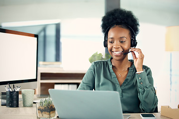 Image showing Employee, call center or black woman with a laptop, connection or customer service in a workplace. Female person, agent or consultant with a pc, technology or agency for tech support or telemarketing