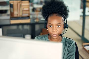 Image showing Call center, black woman and computer for telemarketing, business or customer service in office. Contact us, crm and serious African female sales agent, support consultant or professional person.