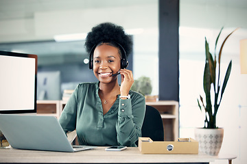 Image showing Portrait, call center and black woman with a laptop, customer service and consulting with connection. Female person, agent and consultant with a pc, technology and agency for tech support and advice