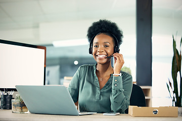 Image showing Professional, woman and working in portrait at a call centre at a company with communication with customer. Customer service, female consultant and helping clients for online service at an agency.