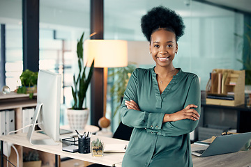 Image showing Success, crossed arms and portrait of a businesswoman in her office with confidence and leadership. Corporate, professional and African female executive ceo with vision, ideas and goals in workplace.