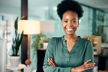 Image showing Confidence, crossed arms and portrait of a woman in her office with pride and leadership. Corporate, professional and African female executive business ceo with vision, ideas and goals in workplace.