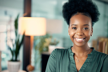 Image showing Portrait, smile and black woman, designer or creative in office workplace. Happy, face and African female entrepreneur or design professional from South Africa with pride for business career at night