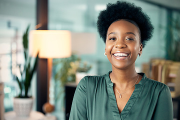 Image showing Funny, portrait and black woman, designer or creative in office workplace. Happy, face and African female entrepreneur or design professional from South Africa with pride for business career at night