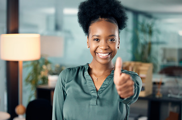 Image showing Thumbs up, smile and portrait of a businesswoman in the office with confidence and success. Happy, emoji and professional African female hr manager with an approval hand gesture in the workplace.