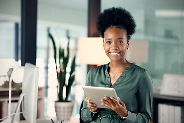 Image showing Portrait, smile and black woman with tablet, designer and creative in office. Technology, face and African female entrepreneur or design professional from South Africa with pride for business career.