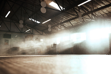 Image showing Sunshine, fitness and empty gym for exercise, workout and training. Sunlight, room and a club for sports, health or cardio and exercising routine in the morning in summer for wellness and recreation