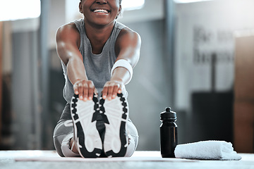 Image showing Gym, hands or happy woman stretching legs for workout routine or body movement for active fitness. Smile, athlete or healthy girl smiling in exercise training warm up for flexibility or mobility