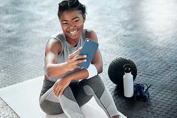 Image showing African woman, gym selfie and floor for fitness, workout or wellness with smile for social media app. Influencer girl, photography or blog for exercise, performance and health for lifestyle in club