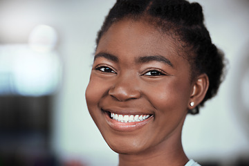 Image showing Fitness, portrait or happy black woman at gym for a workout, exercise or training for healthy body or wellness. Face of sports girl or proud African athlete smiling or relaxing with positive mindset